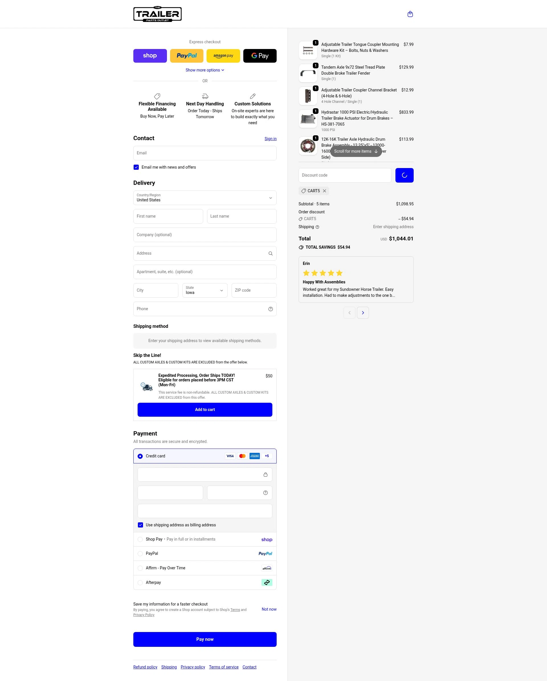 The Trailer Parts Outlet checkout page showing The Trailer Parts Outlet discount code box | Screenshot taken by SimplyCodes community member on Feb 18, 2026