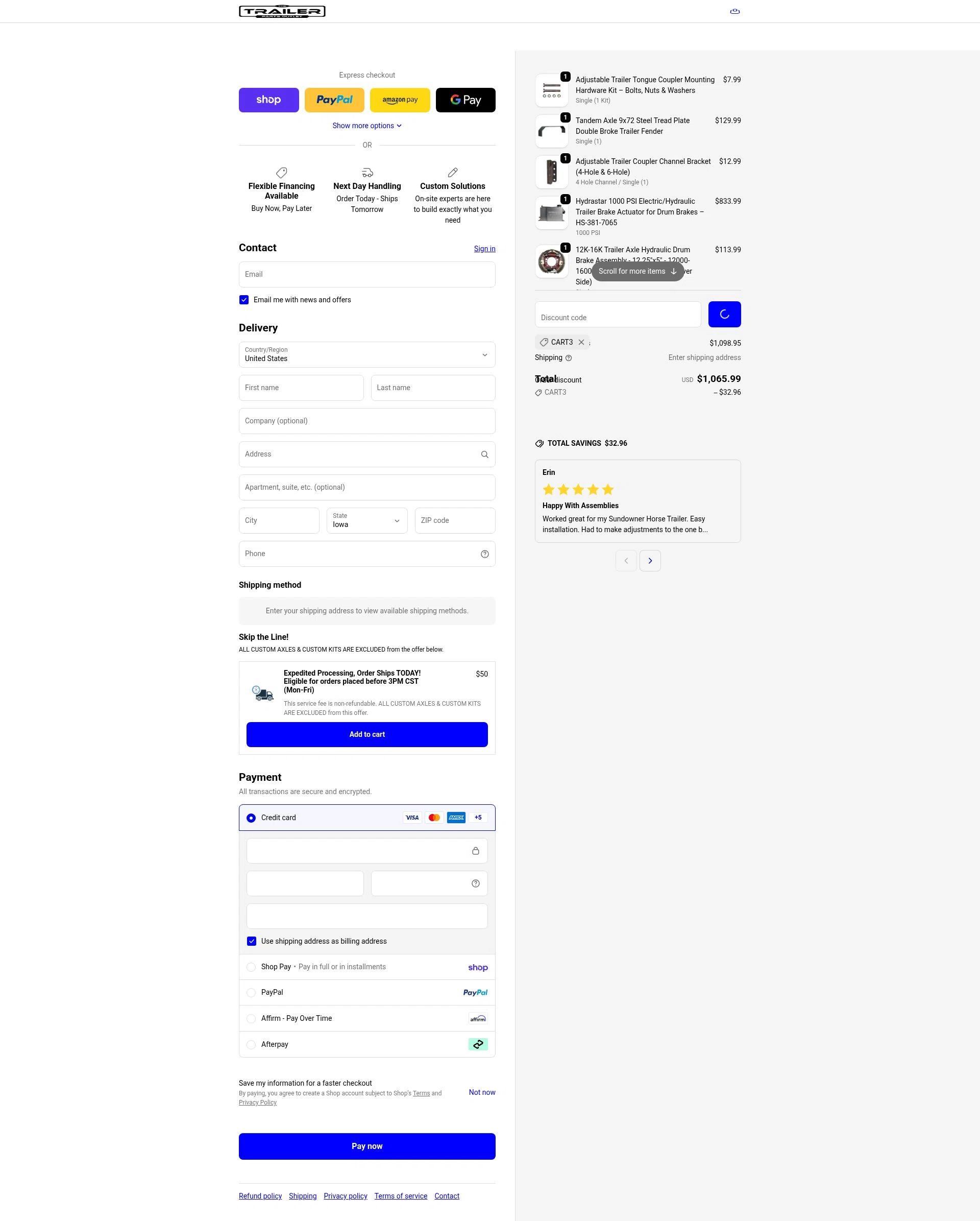 The Trailer Parts Outlet checkout page showing The Trailer Parts Outlet discount code box | Screenshot taken by SimplyCodes community member on Feb 18, 2026