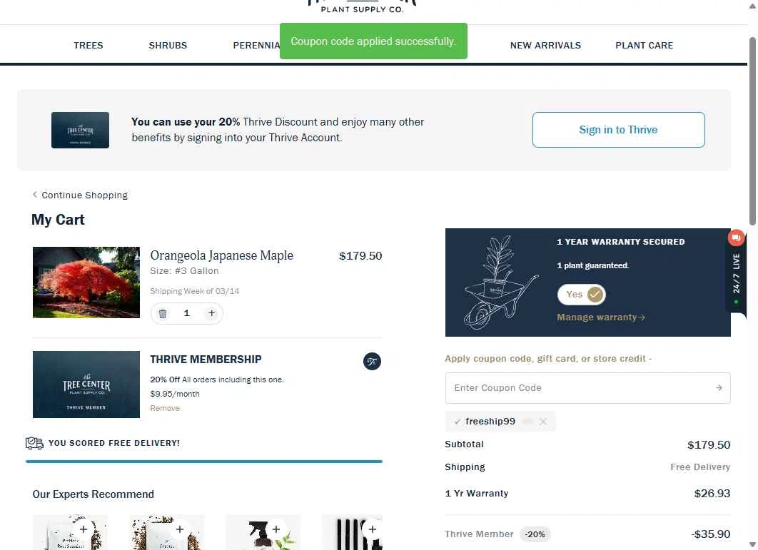 The Tree Center checkout page showing The Tree Center promo code box | Screenshot taken by SimplyCodes community member on Jan 10, 2026