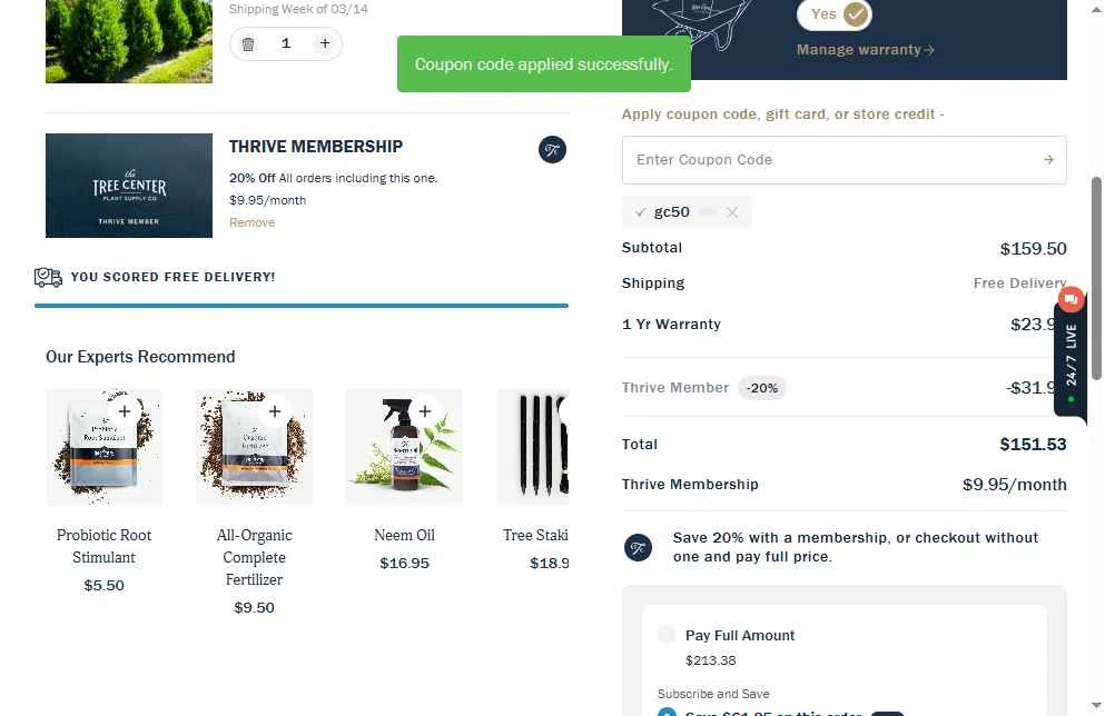 The Tree Center checkout page showing The Tree Center promo code box | Screenshot taken by SimplyCodes community member on Jan 4, 2026