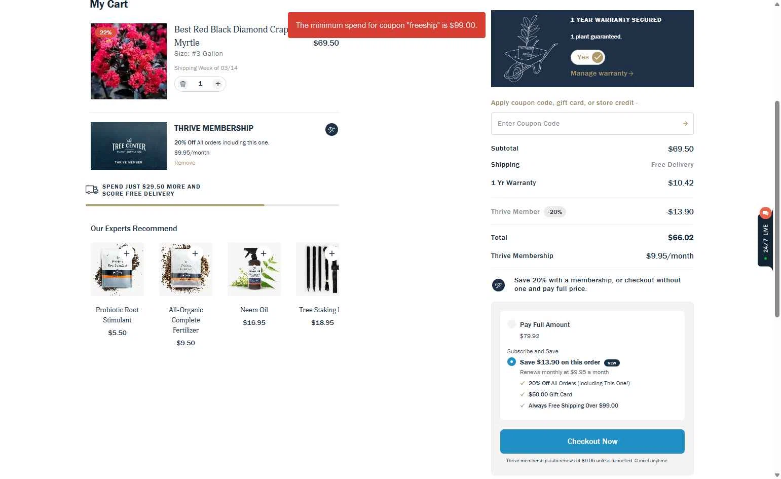 The Tree Center checkout page showing The Tree Center promo code box | Screenshot taken by SimplyCodes community member on Jan 4, 2026