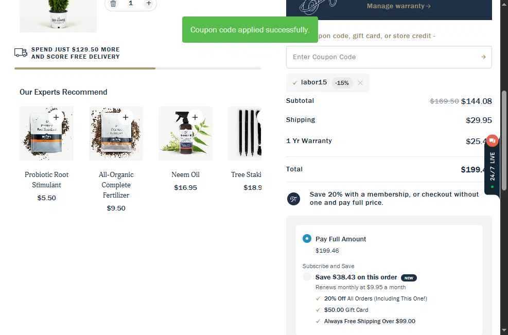 The Tree Center checkout page showing The Tree Center promo code box | Screenshot taken by SimplyCodes community member on Jan 8, 2026