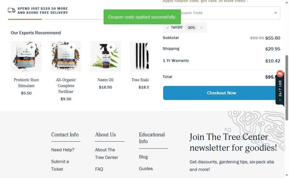 The Tree Center checkout page showing The Tree Center promo code box | Screenshot taken by SimplyCodes community member on Jan 10, 2026