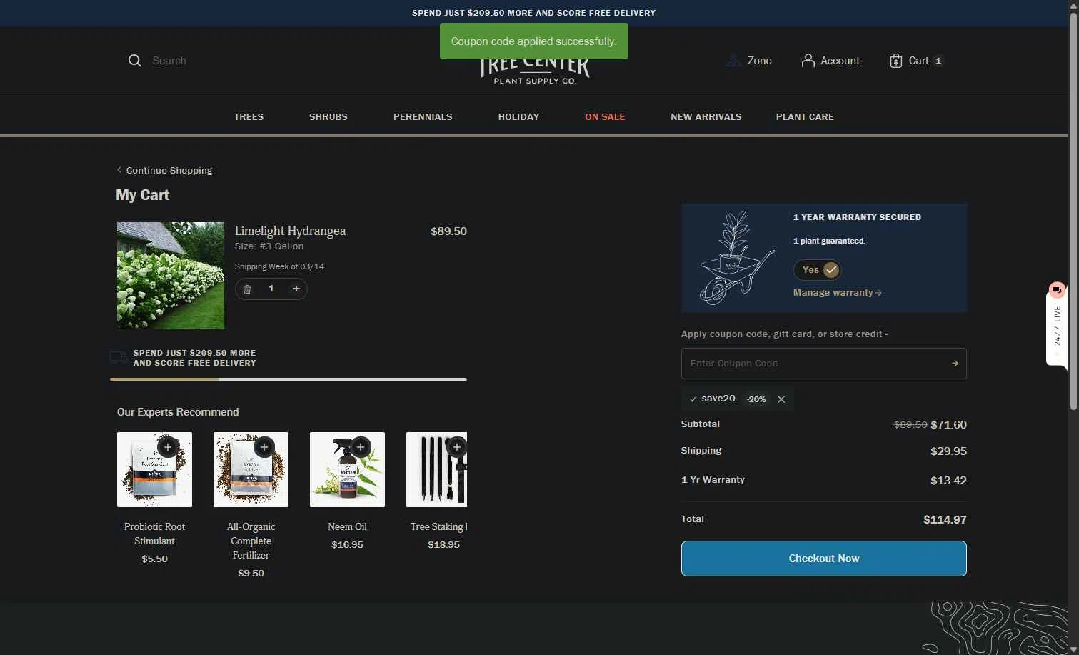 The Tree Center checkout page showing The Tree Center promo code box | Screenshot taken by SimplyCodes community member on Jan 6, 2026