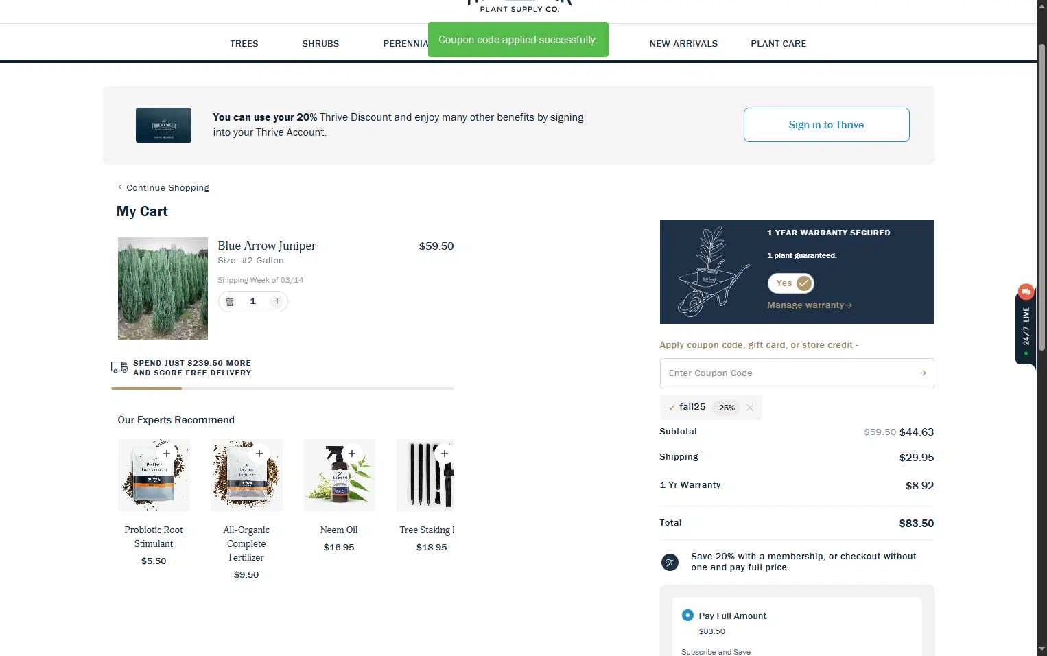 The Tree Center checkout page showing The Tree Center promo code box | Screenshot taken by SimplyCodes community member on Jan 5, 2026