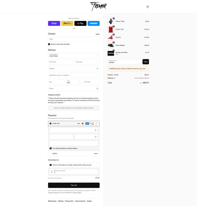 The Tremor checkout page showing The Tremor discount code box | Screenshot taken by SimplyCodes community member on Sep 4, 2025