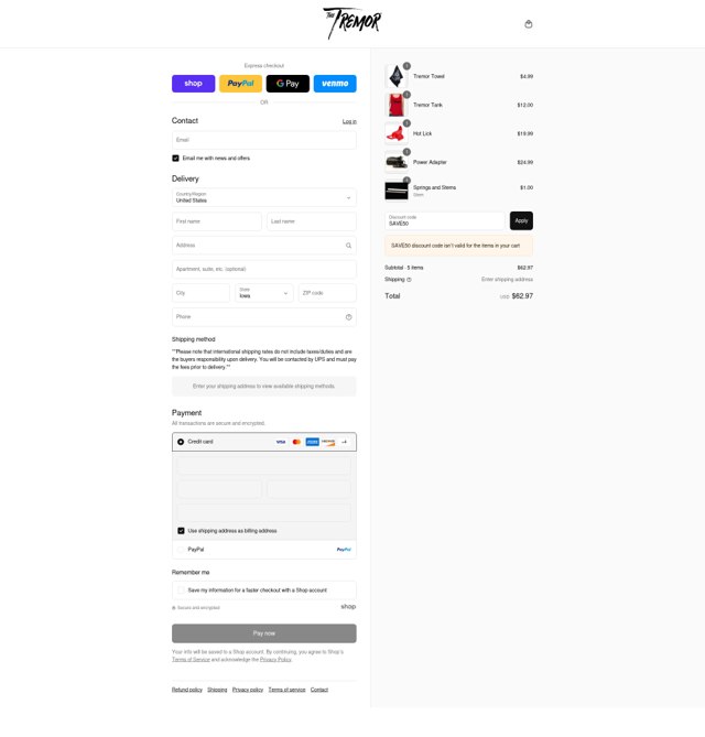 The Tremor checkout page showing The Tremor discount code box | Screenshot taken by SimplyCodes community member on Aug 30, 2025