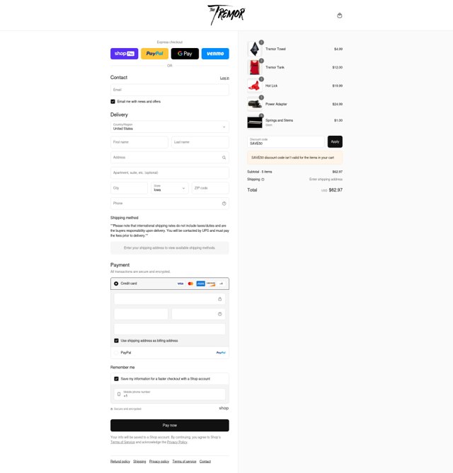 The Tremor checkout page showing The Tremor discount code box | Screenshot taken by SimplyCodes community member on Aug 22, 2025