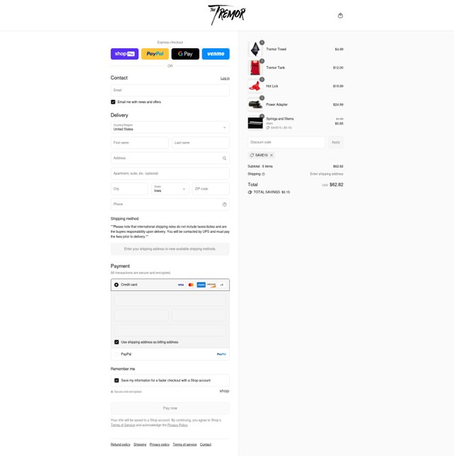 The Tremor checkout page showing The Tremor discount code box | Screenshot taken by SimplyCodes community member on Aug 26, 2025