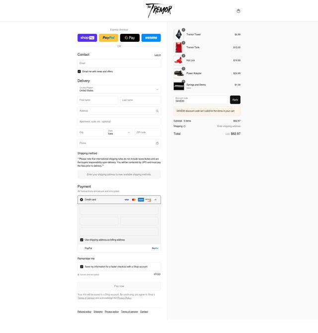 The Tremor checkout page showing The Tremor discount code box | Screenshot taken by SimplyCodes community member on Aug 17, 2025