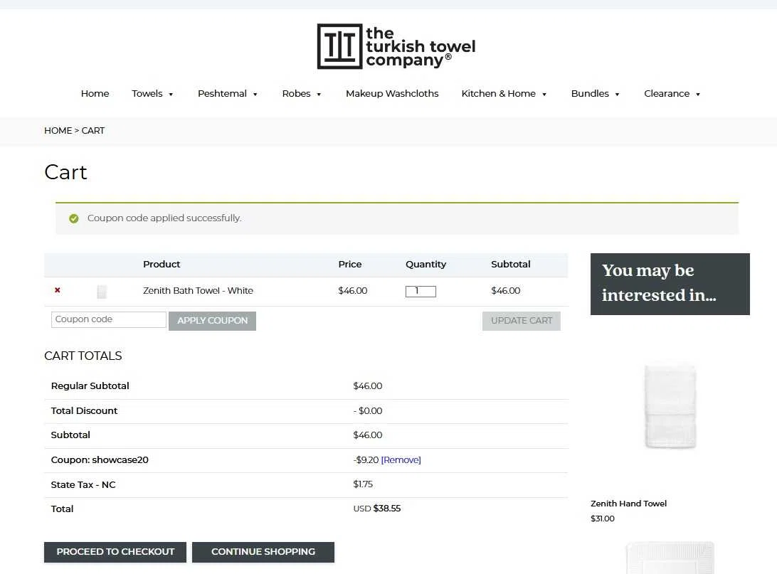 The Turkish Towel Company promo code screenshot showing code showcase20 applied at The Turkish Towel Company checkout page. Uploaded by SimplyCodes community member WiseTitan5941 on Nov 7, 2025
