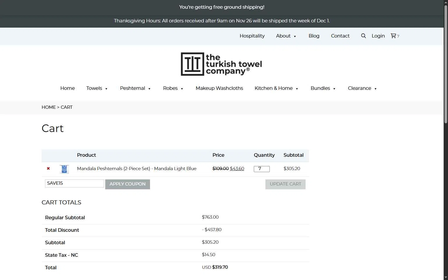 The Turkish Towel Company checkout page showing The Turkish Towel Company promo code box | Screenshot taken by SimplyCodes community member on Dec 1, 2025