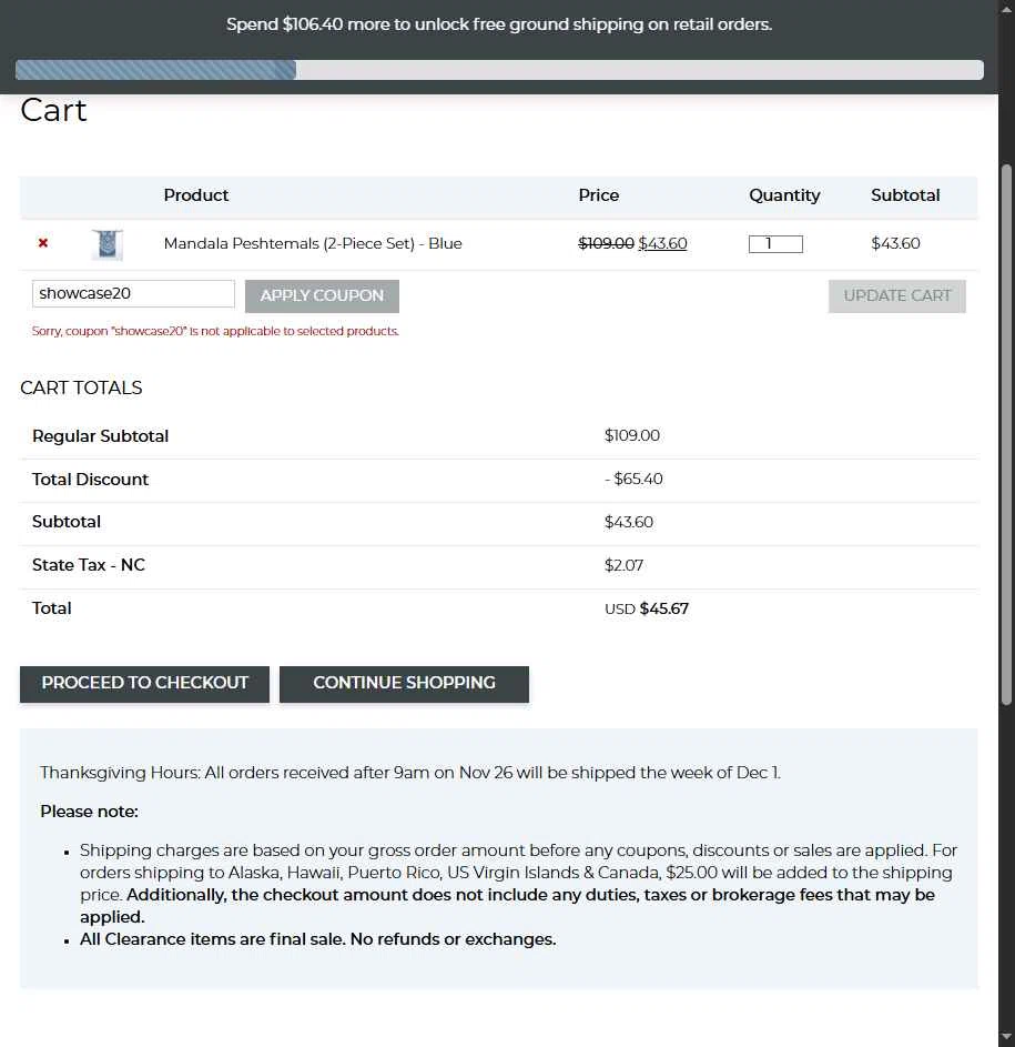 The Turkish Towel Company checkout page showing The Turkish Towel Company promo code box | Screenshot taken by SimplyCodes community member on Dec 1, 2025
