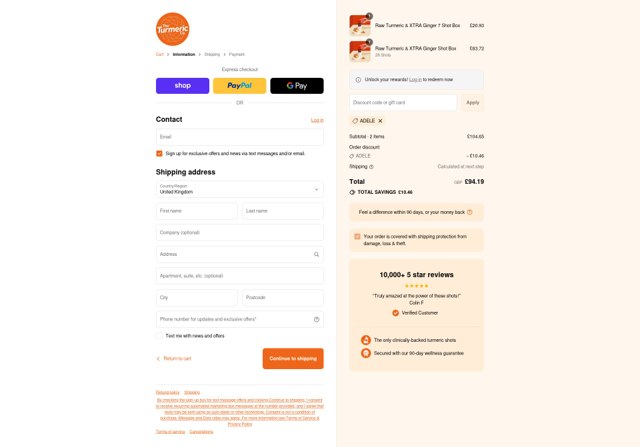 The Turmeric Co checkout page showing The Turmeric Co discount code box | Screenshot taken by SimplyCodes community member on Sep 7, 2025