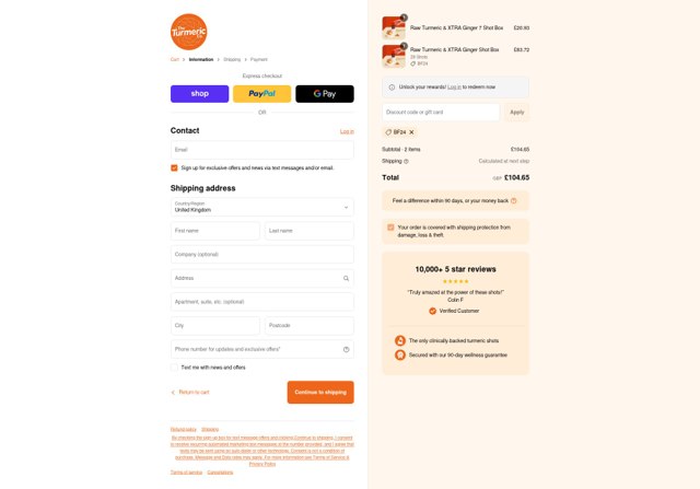 The Turmeric Co checkout page showing The Turmeric Co discount code box | Screenshot taken by SimplyCodes community member on Sep 7, 2025