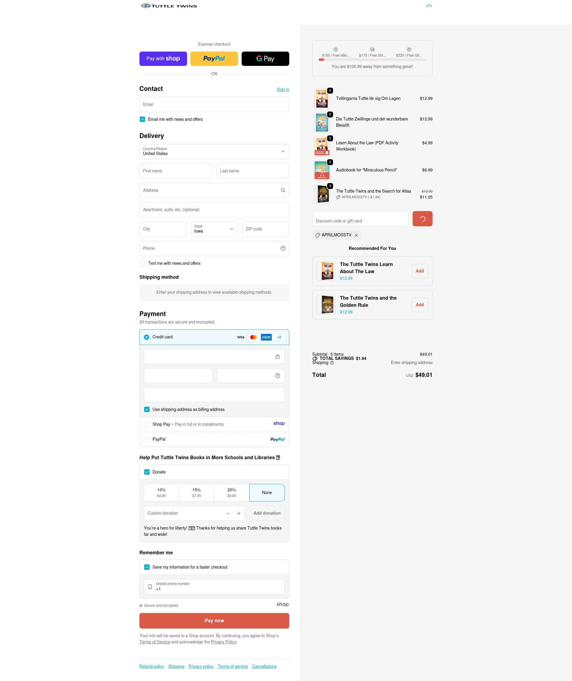 The Tuttle Twins checkout page showing The Tuttle Twins coupon code box | Screenshot taken by SimplyCodes community member on Jan 7, 2026