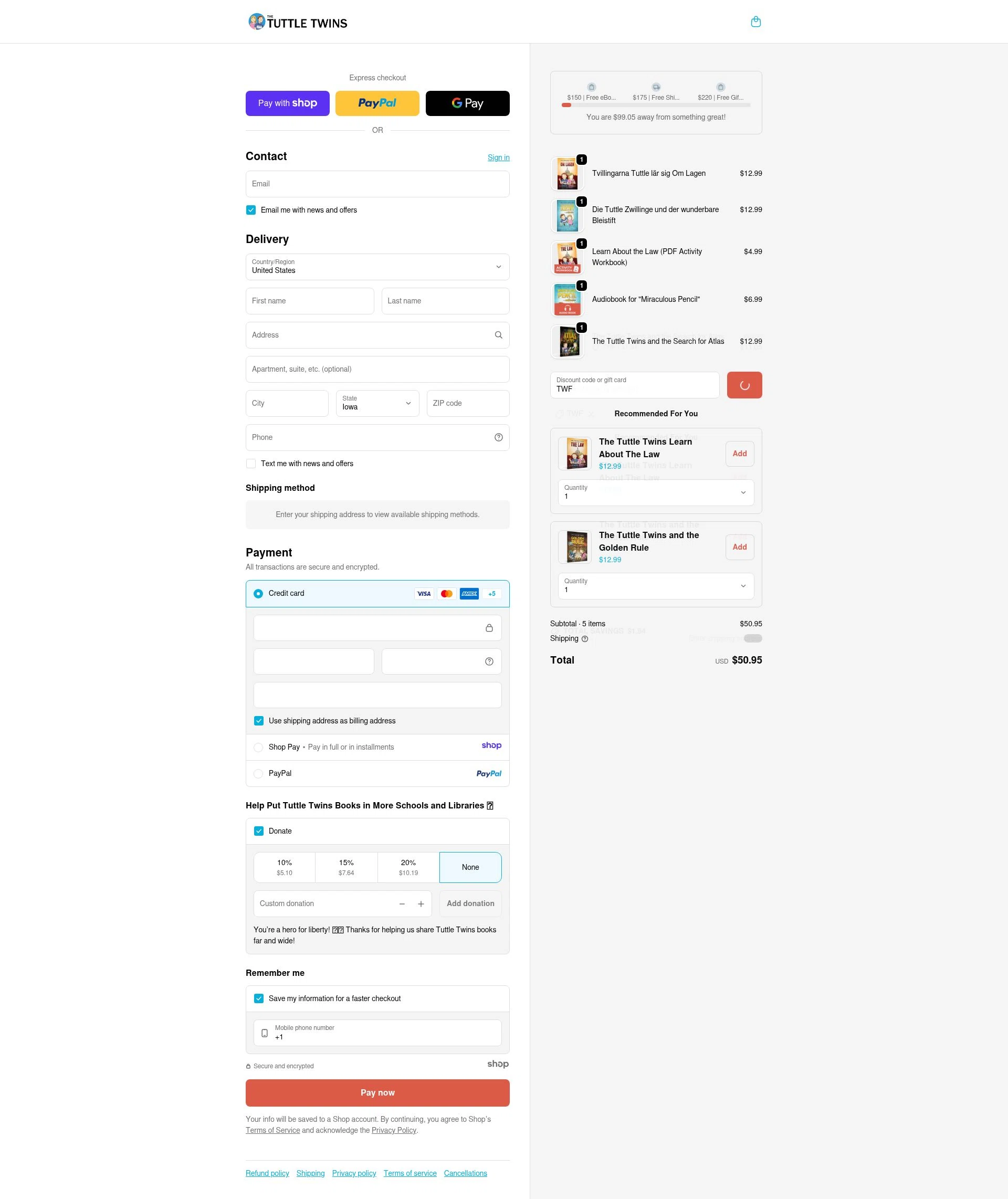 The Tuttle Twins checkout page showing The Tuttle Twins coupon code box | Screenshot taken by SimplyCodes community member on Jan 7, 2026