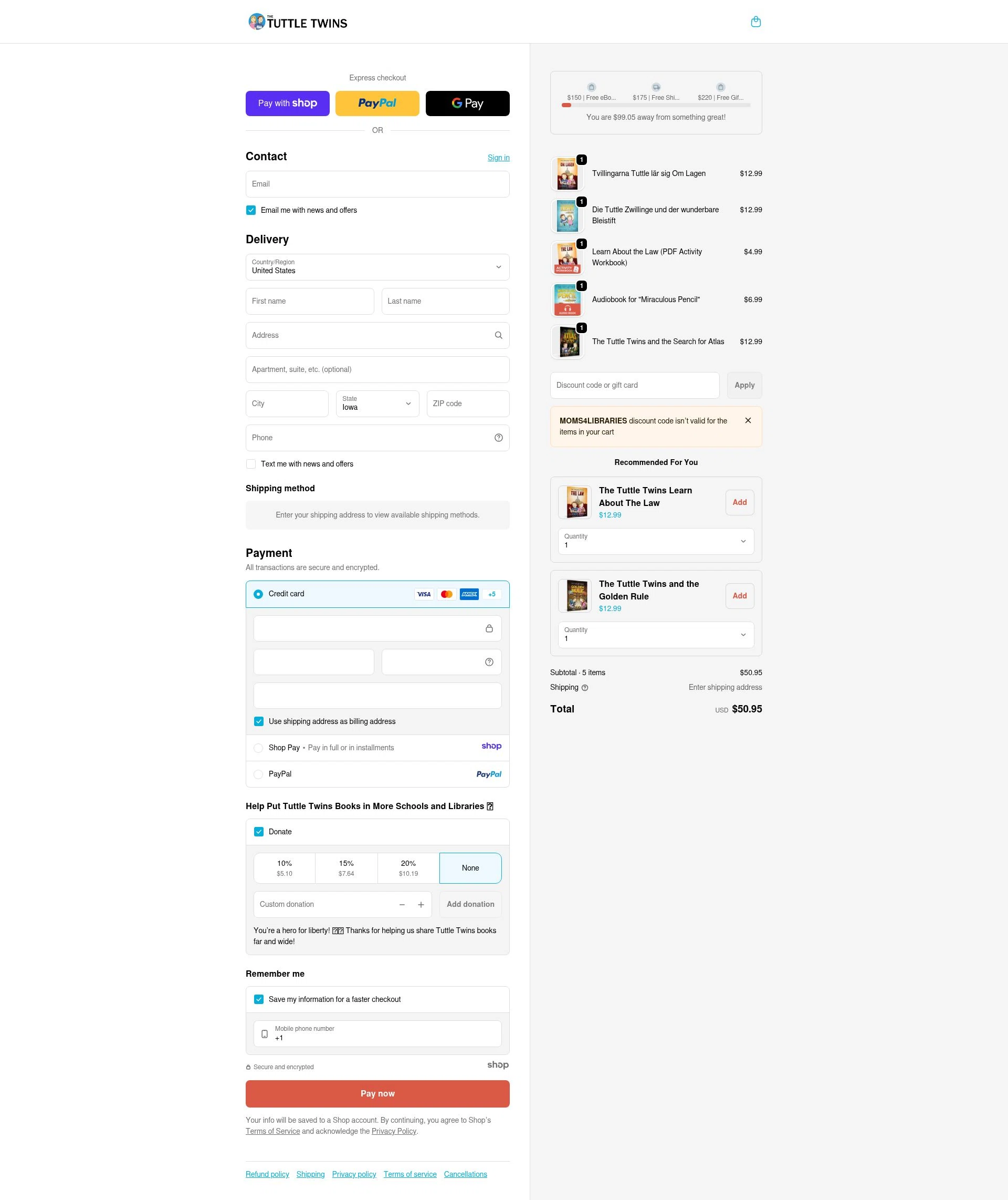 The Tuttle Twins checkout page showing The Tuttle Twins coupon code box | Screenshot taken by SimplyCodes community member on Jan 7, 2026