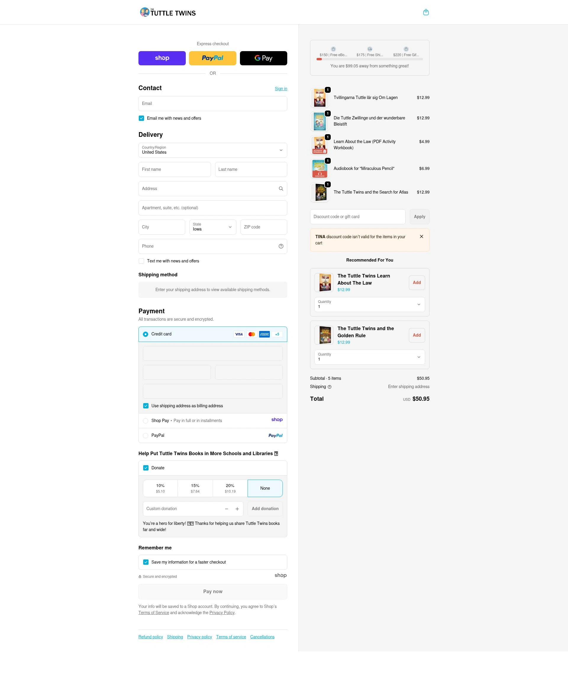 The Tuttle Twins checkout page showing The Tuttle Twins coupon code box | Screenshot taken by SimplyCodes community member on Jan 2, 2026
