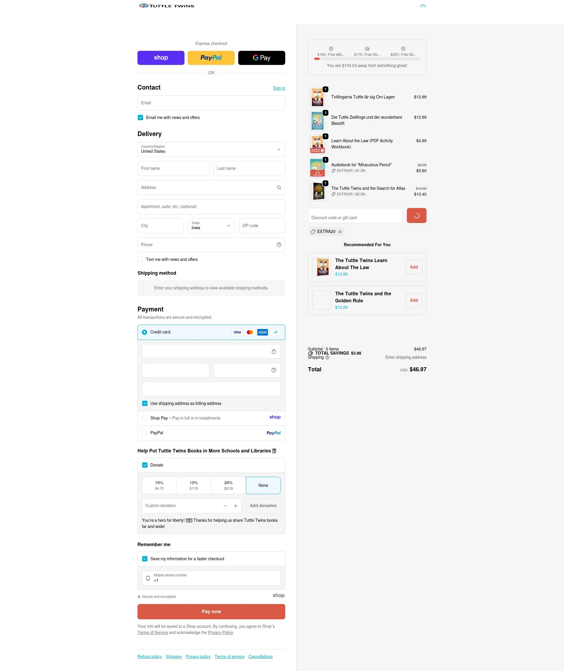 The Tuttle Twins checkout page showing The Tuttle Twins coupon code box | Screenshot taken by SimplyCodes community member on Jan 2, 2026
