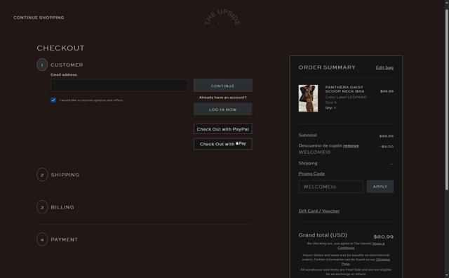 The Upside Apparel checkout page showing The Upside Apparel promo code box | Screenshot taken by SimplyCodes community member on May 23, 2025