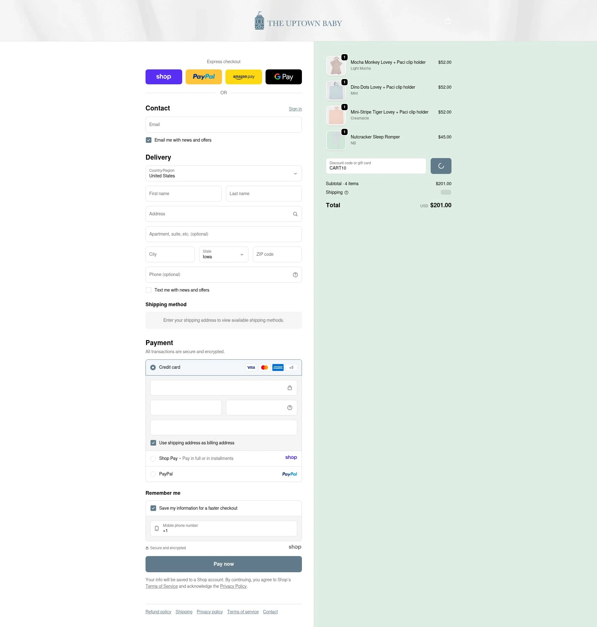 The Uptown Baby checkout page showing The Uptown Baby promo code box | Screenshot taken by SimplyCodes community member on Dec 23, 2025