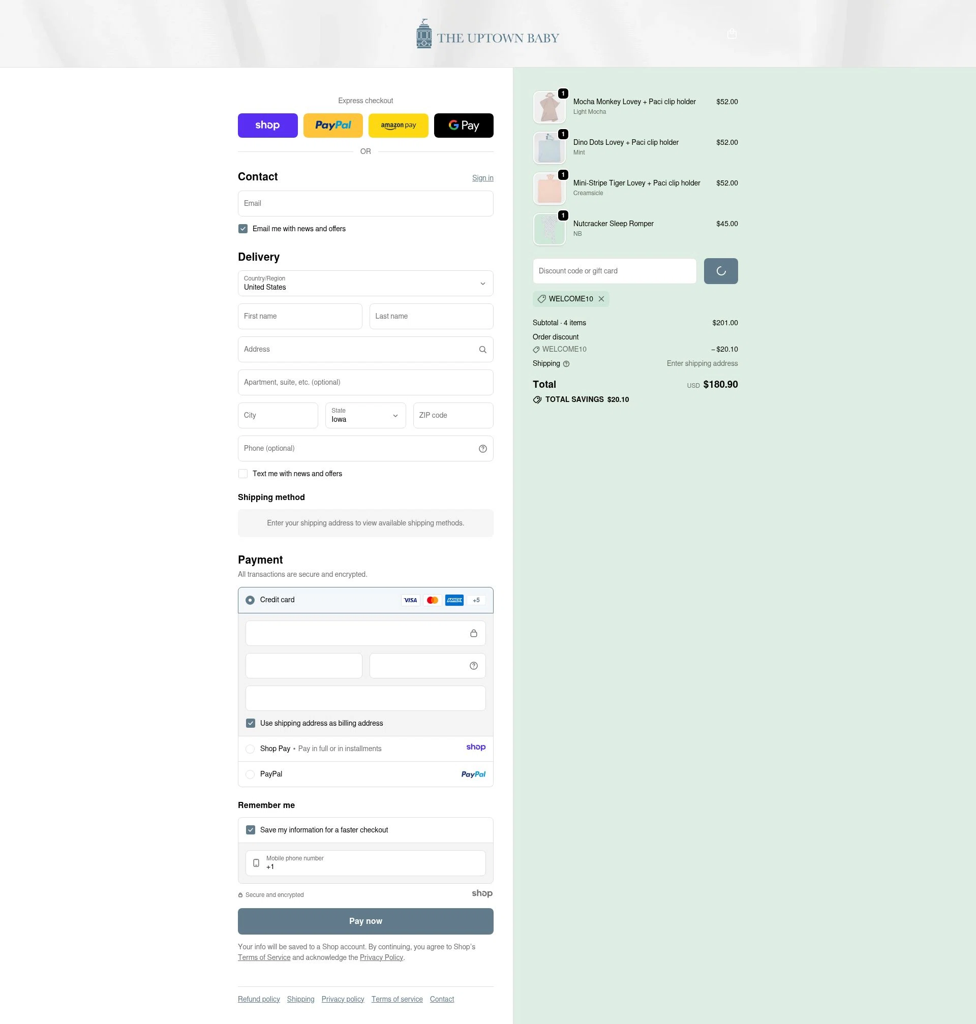 The Uptown Baby checkout page showing The Uptown Baby promo code box | Screenshot taken by SimplyCodes community member on Dec 23, 2025