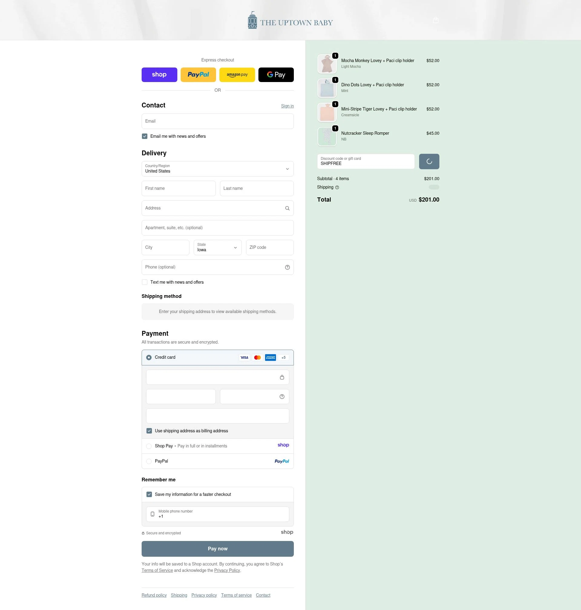 The Uptown Baby checkout page showing The Uptown Baby promo code box | Screenshot taken by SimplyCodes community member on Dec 28, 2025