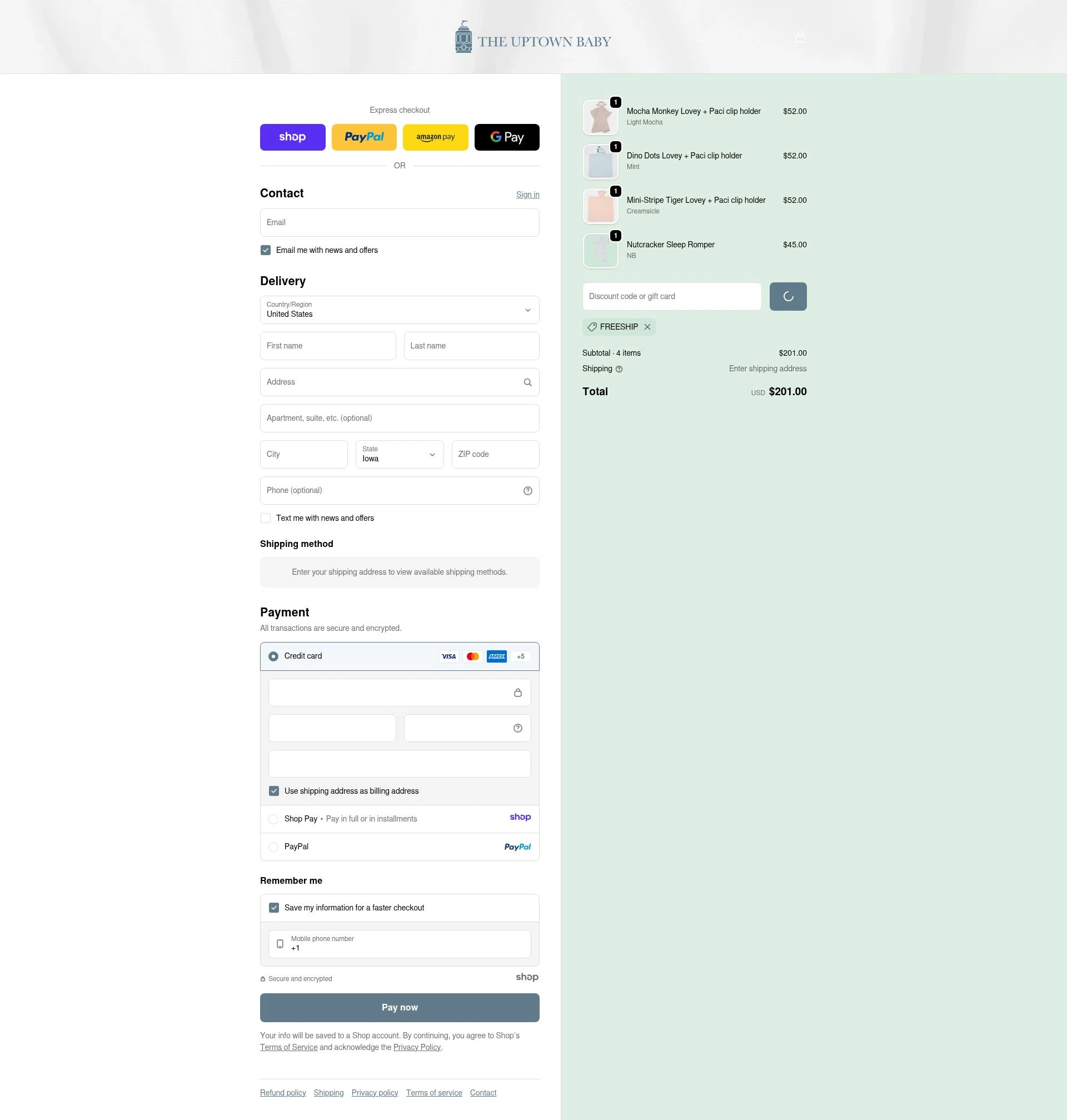 The Uptown Baby checkout page showing The Uptown Baby promo code box | Screenshot taken by SimplyCodes community member on Dec 28, 2025