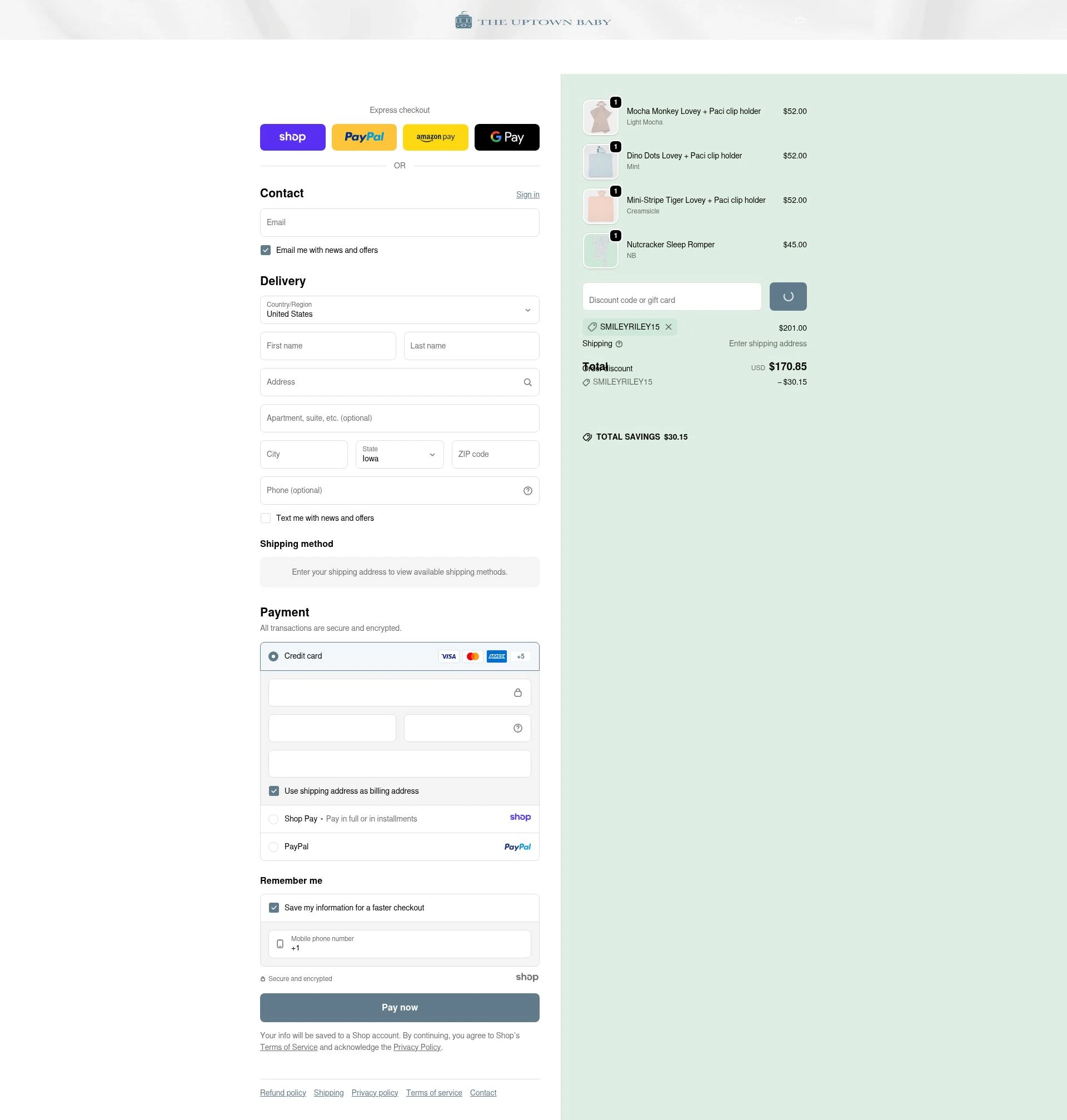 The Uptown Baby checkout page showing The Uptown Baby promo code box | Screenshot taken by SimplyCodes community member on Dec 28, 2025
