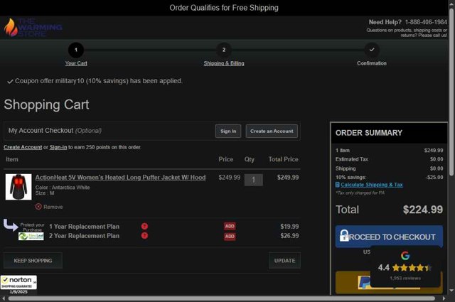 The Warming Store checkout page showing The Warming Store coupon code box | Screenshot taken by SimplyCodes community member on Sep 1, 2025