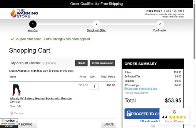 The Warming Store checkout page showing The Warming Store coupon code box | Screenshot taken by SimplyCodes community member on Aug 7, 2025