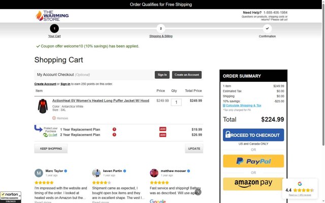 The Warming Store checkout page showing The Warming Store coupon code box | Screenshot taken by SimplyCodes community member on Aug 7, 2025