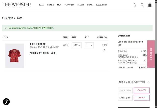 The Webster checkout page showing The Webster promo code box | Screenshot taken by SimplyCodes community member on Sep 2, 2025