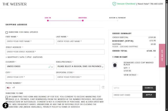 The Webster checkout page showing The Webster promo code box | Screenshot taken by SimplyCodes community member on Sep 2, 2025