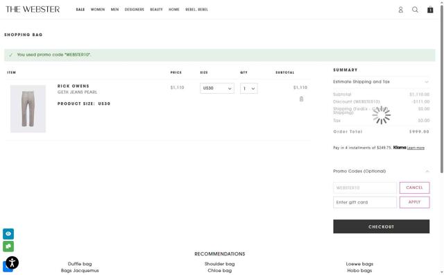 The Webster checkout page showing The Webster promo code box | Screenshot taken by SimplyCodes community member on Sep 2, 2025