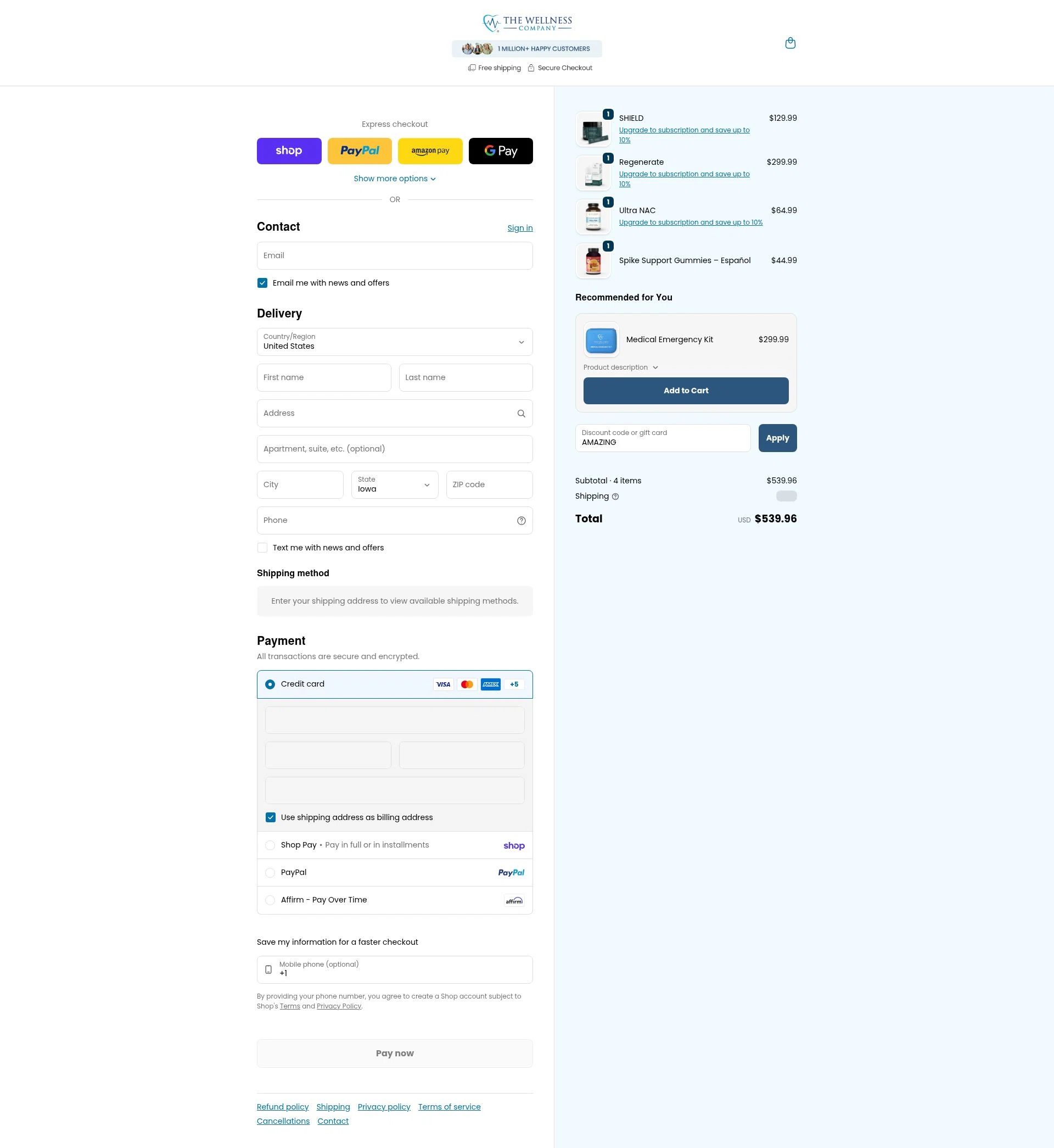The Wellness Company checkout page showing The Wellness Company discount code box | Screenshot taken by SimplyCodes community member on Feb 7, 2026