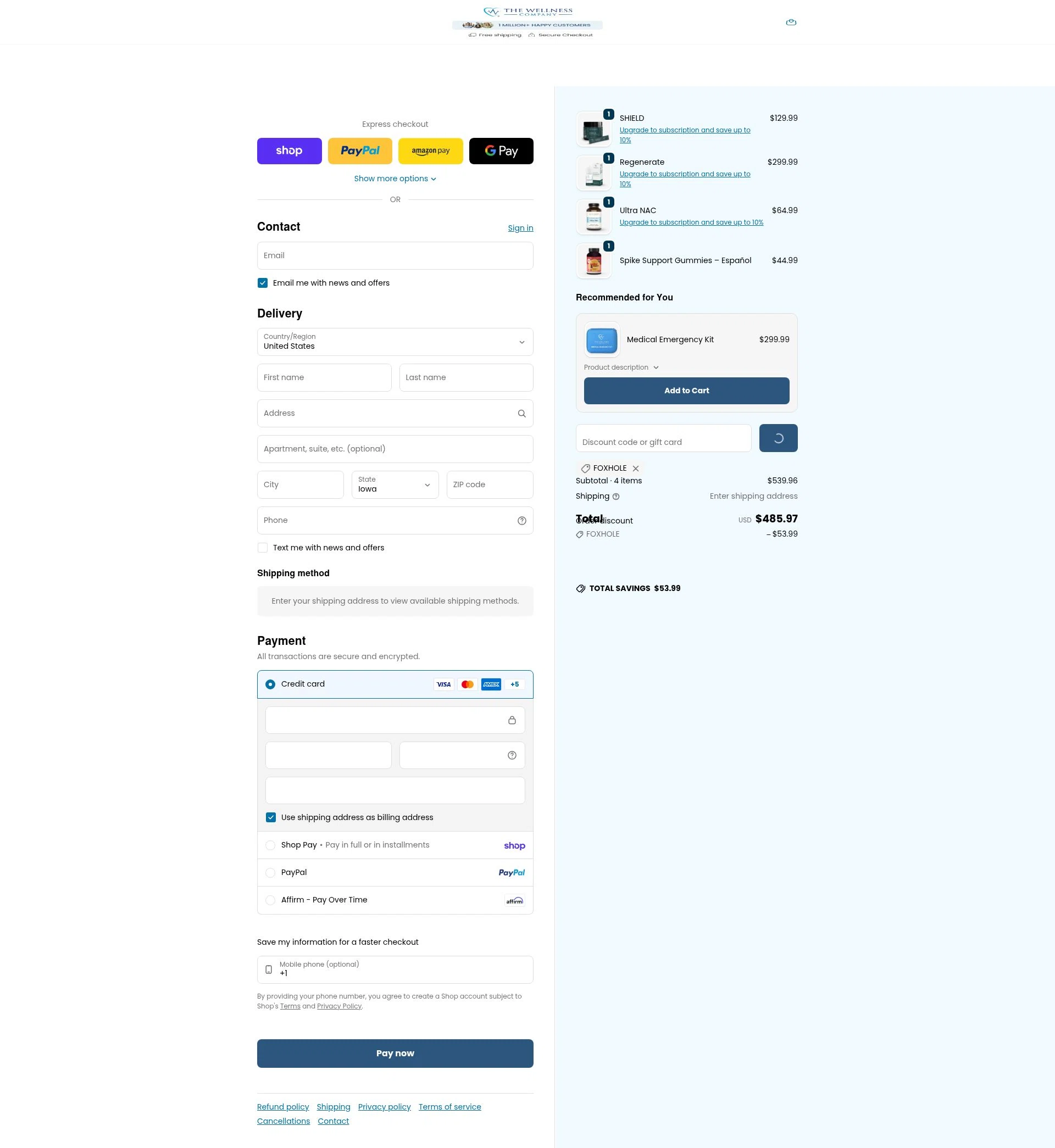 The Wellness Company checkout page showing The Wellness Company discount code box | Screenshot taken by SimplyCodes community member on Feb 7, 2026