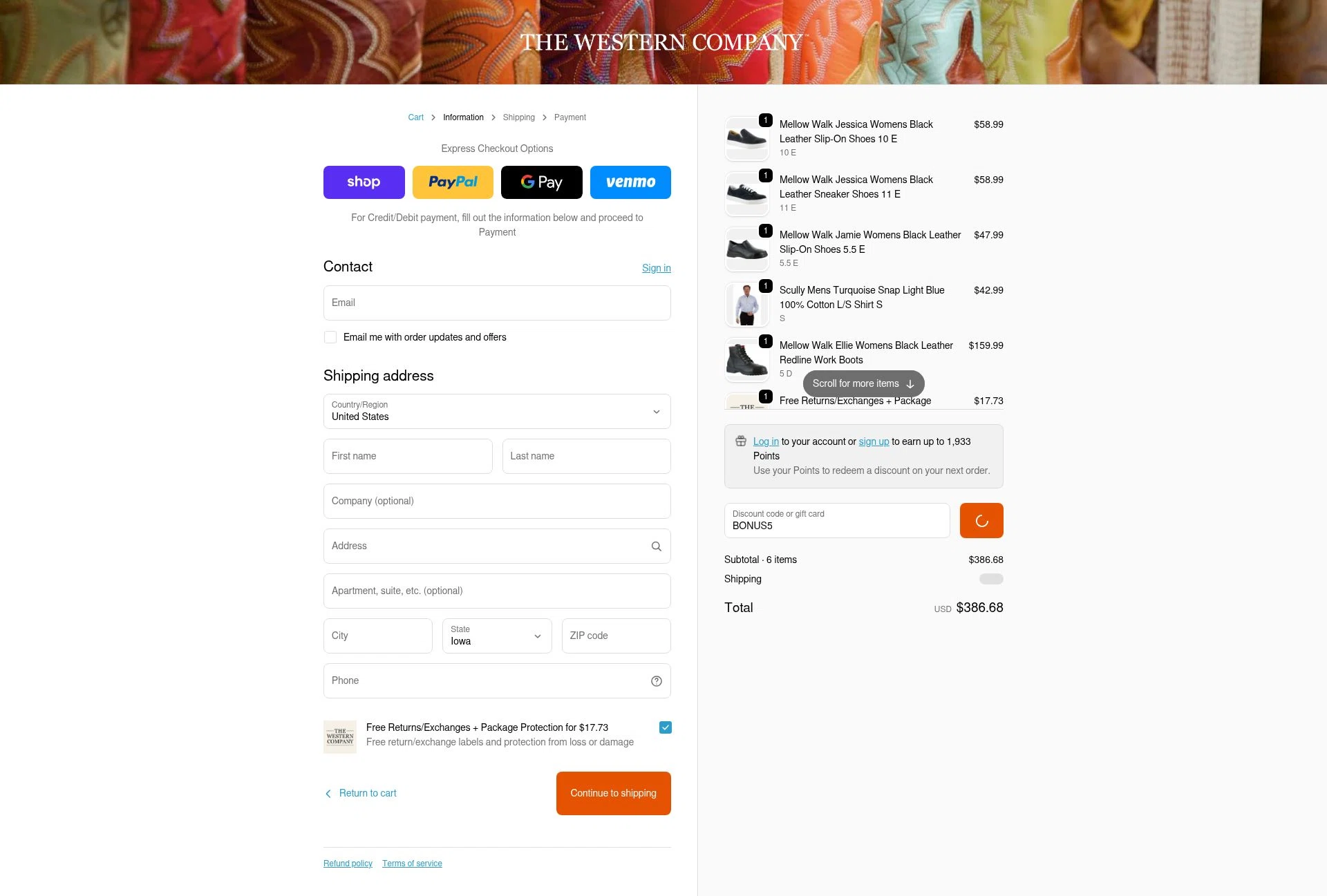 The Western Company checkout page showing The Western Company promo code box | Screenshot taken by SimplyCodes community member on Feb 18, 2026