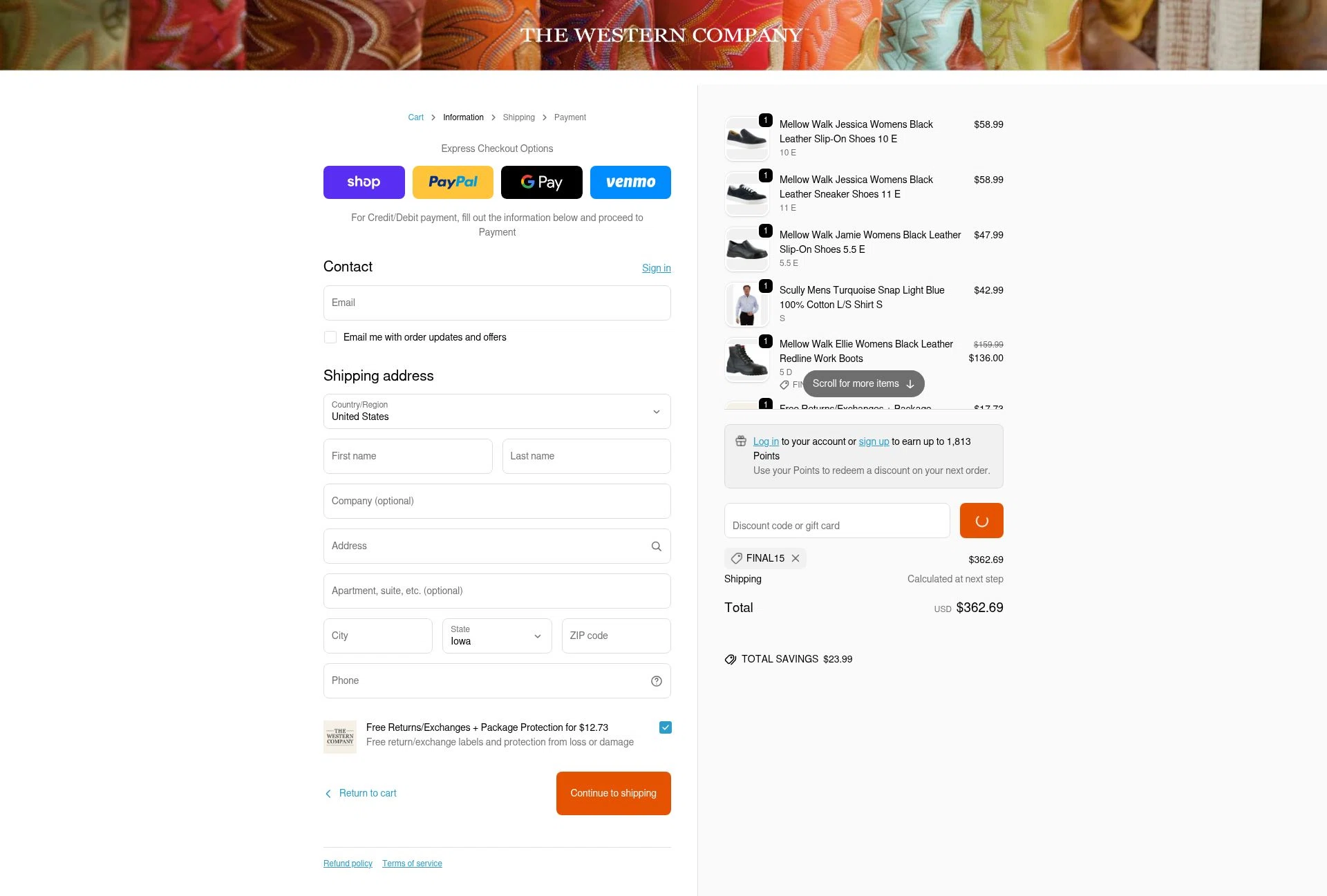 The Western Company checkout page showing The Western Company promo code box | Screenshot taken by SimplyCodes community member on Feb 18, 2026