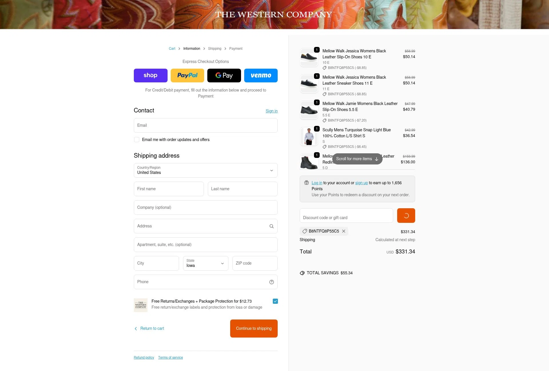 The Western Company checkout page showing The Western Company promo code box | Screenshot taken by SimplyCodes community member on Feb 18, 2026