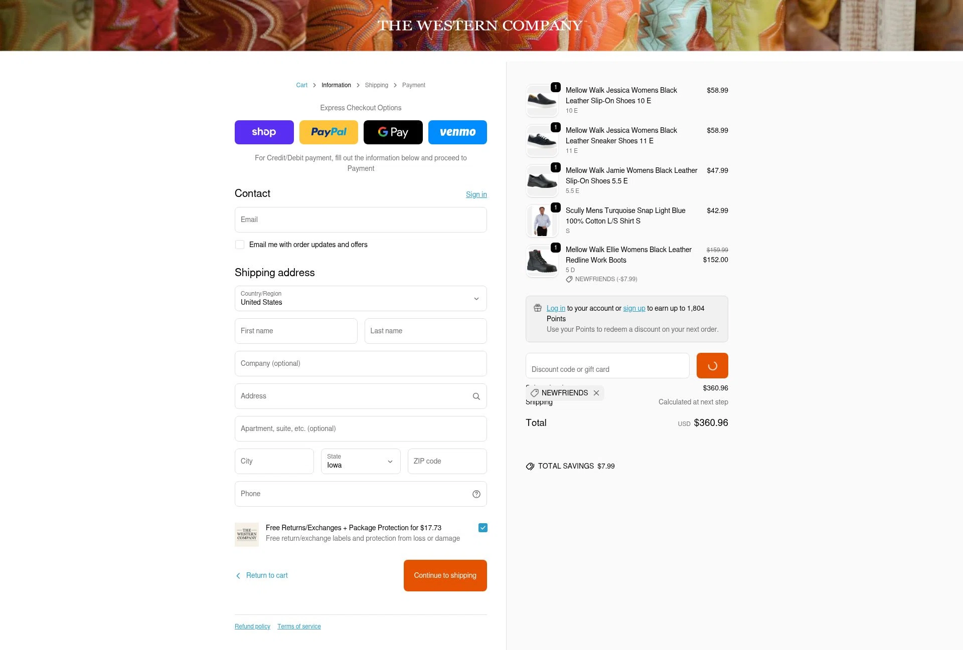 The Western Company checkout page showing The Western Company promo code box | Screenshot taken by SimplyCodes community member on Feb 18, 2026
