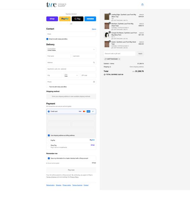The Wig Company checkout page showing The Wig Company promo code box | Screenshot taken by SimplyCodes community member on Sep 12, 2025