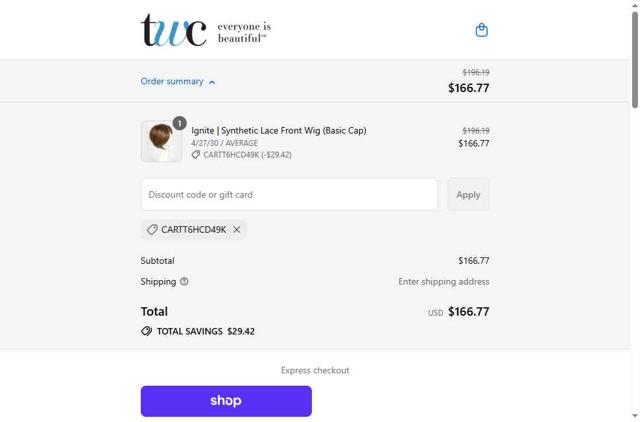 The Wig Company checkout page showing The Wig Company promo code box | Screenshot taken by SimplyCodes community member on Sep 11, 2025
