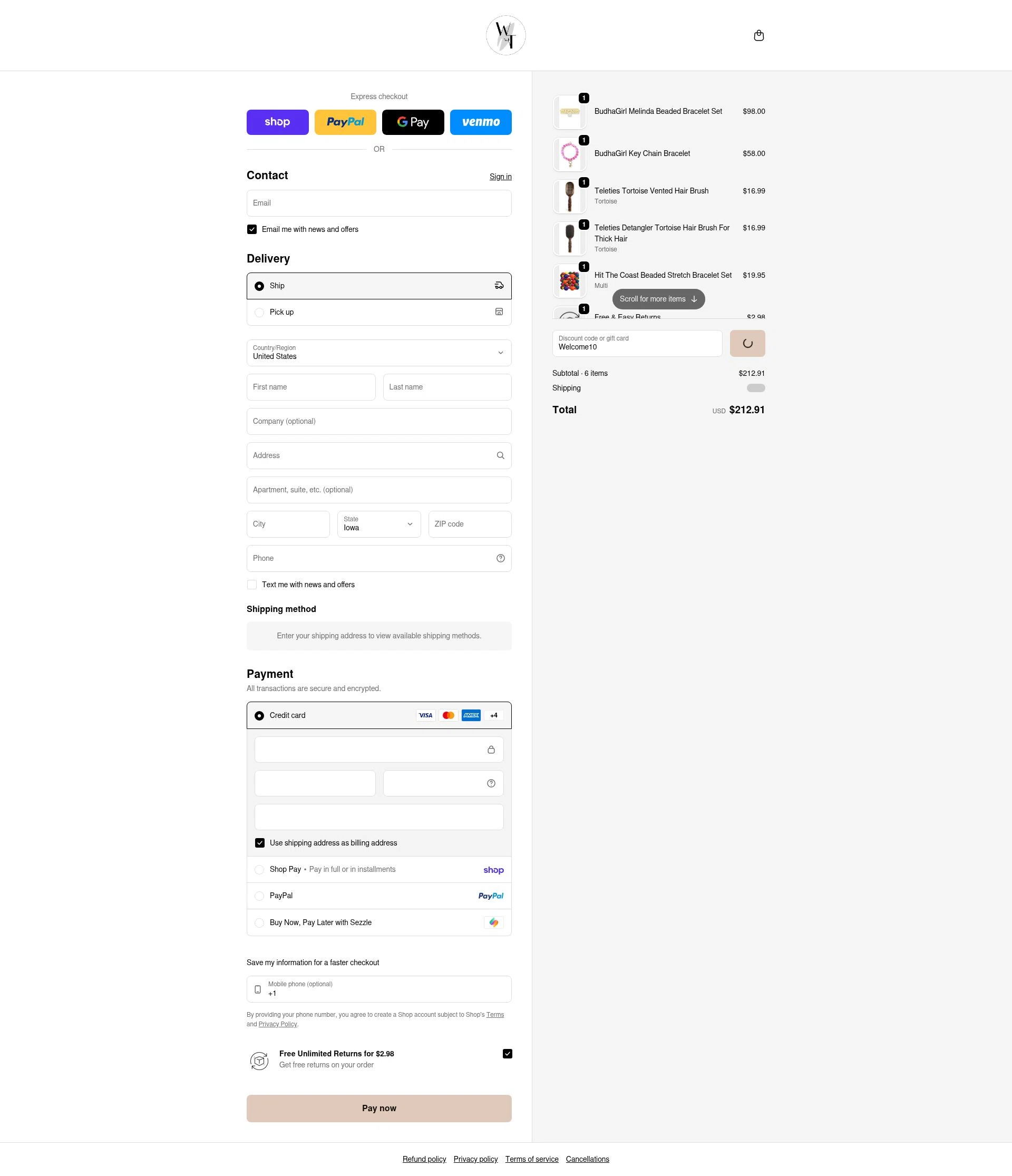 The Willow Tree Boutique checkout page showing The Willow Tree Boutique coupon code box | Screenshot taken by SimplyCodes community member on Feb 6, 2026