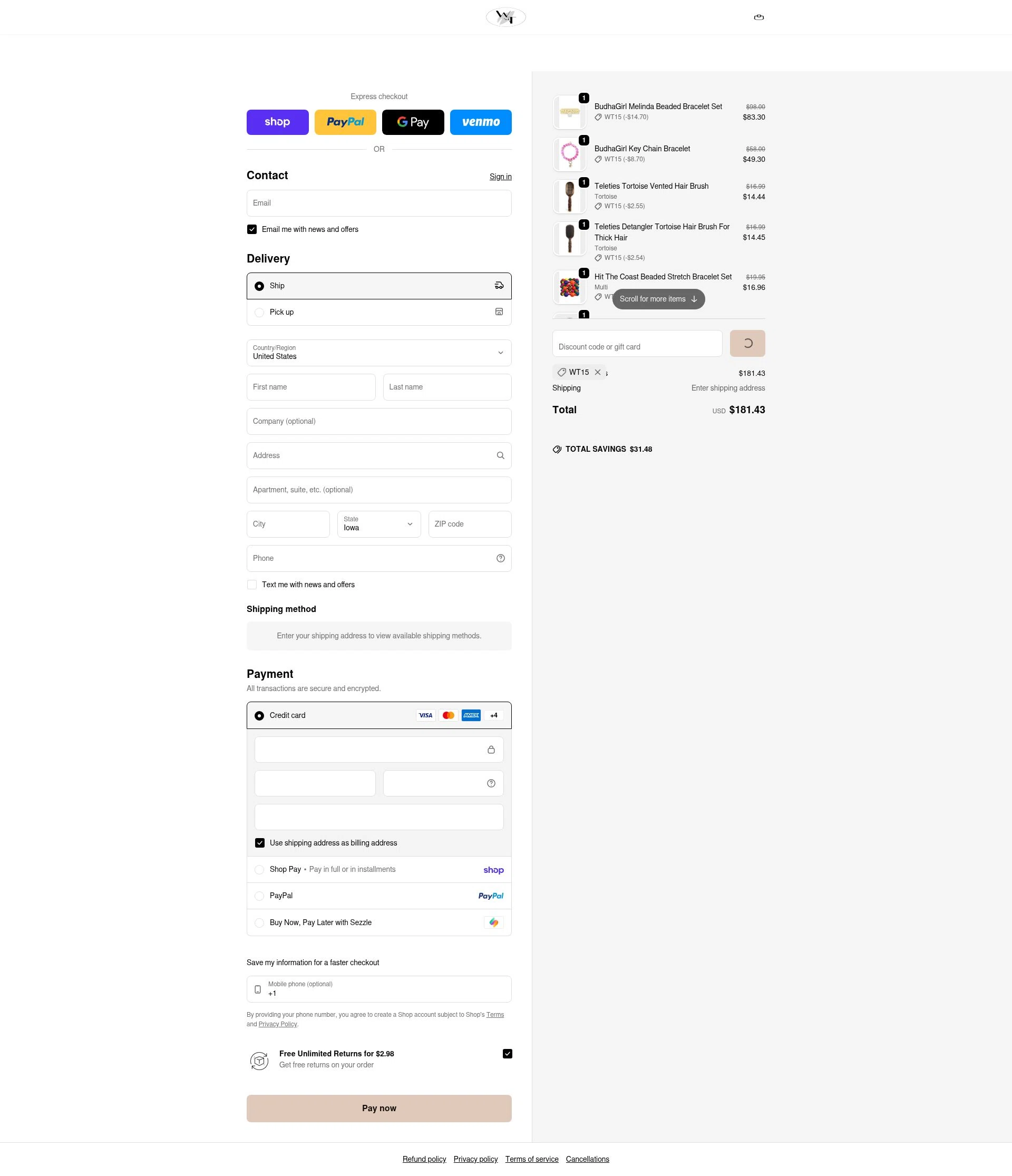 The Willow Tree Boutique checkout page showing The Willow Tree Boutique coupon code box | Screenshot taken by SimplyCodes community member on Feb 6, 2026