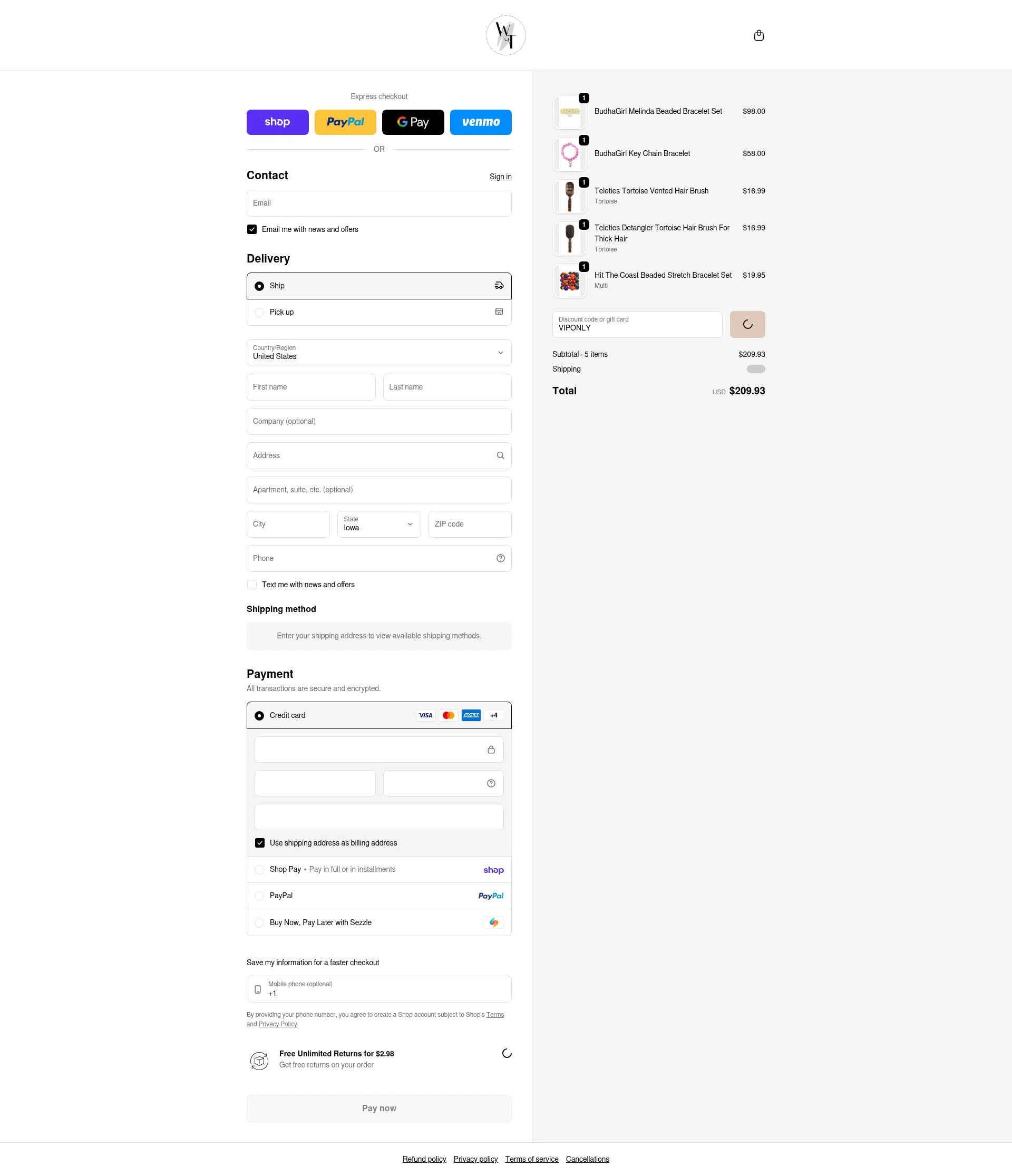 The Willow Tree Boutique checkout page showing The Willow Tree Boutique coupon code box | Screenshot taken by SimplyCodes community member on Feb 6, 2026