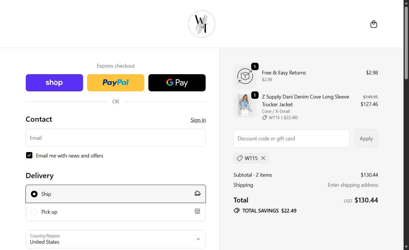 The Willow Tree Boutique checkout page showing The Willow Tree Boutique coupon code box | Screenshot taken by SimplyCodes community member on Feb 9, 2026