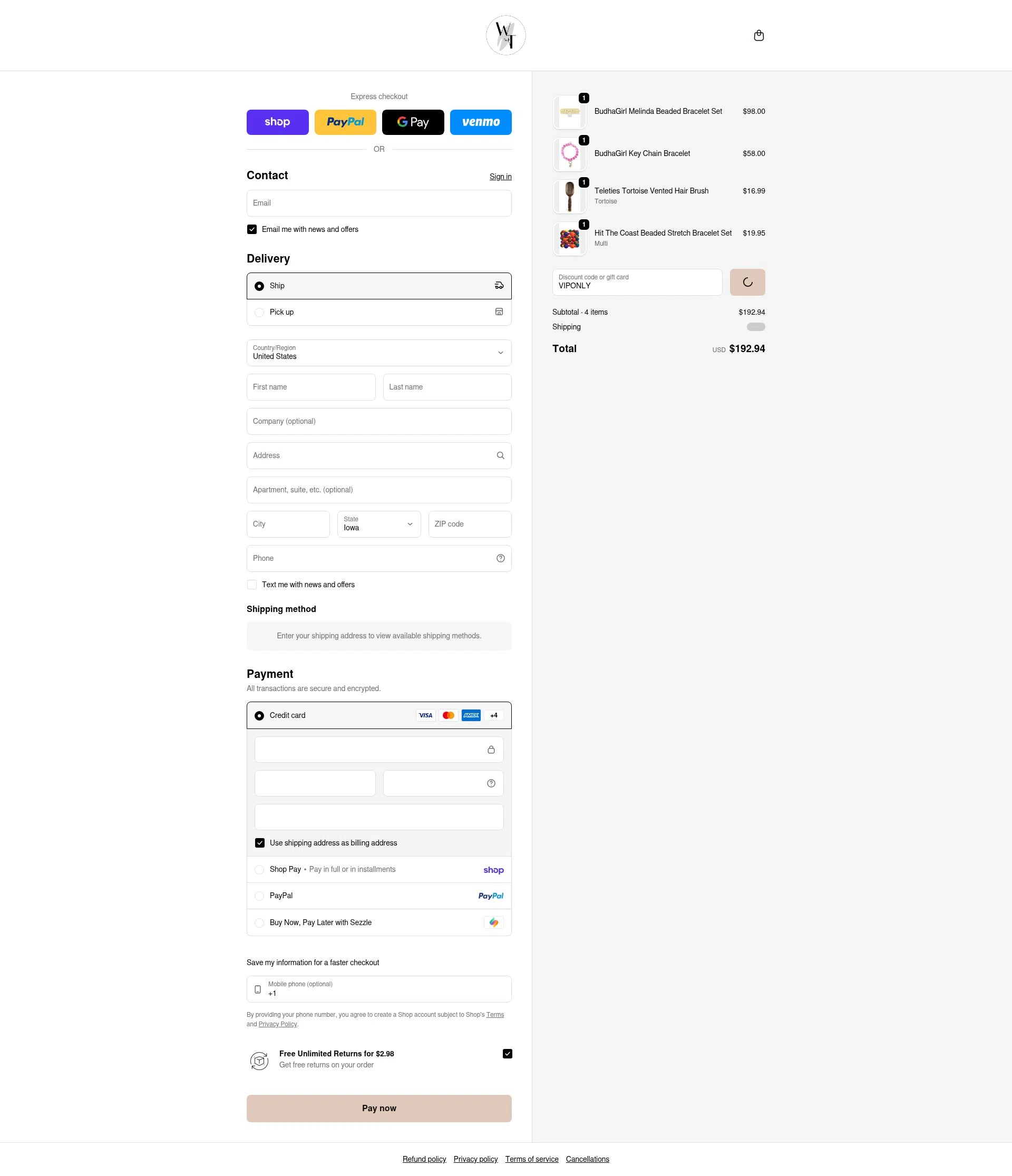 The Willow Tree Boutique checkout page showing The Willow Tree Boutique coupon code box | Screenshot taken by SimplyCodes community member on Feb 10, 2026