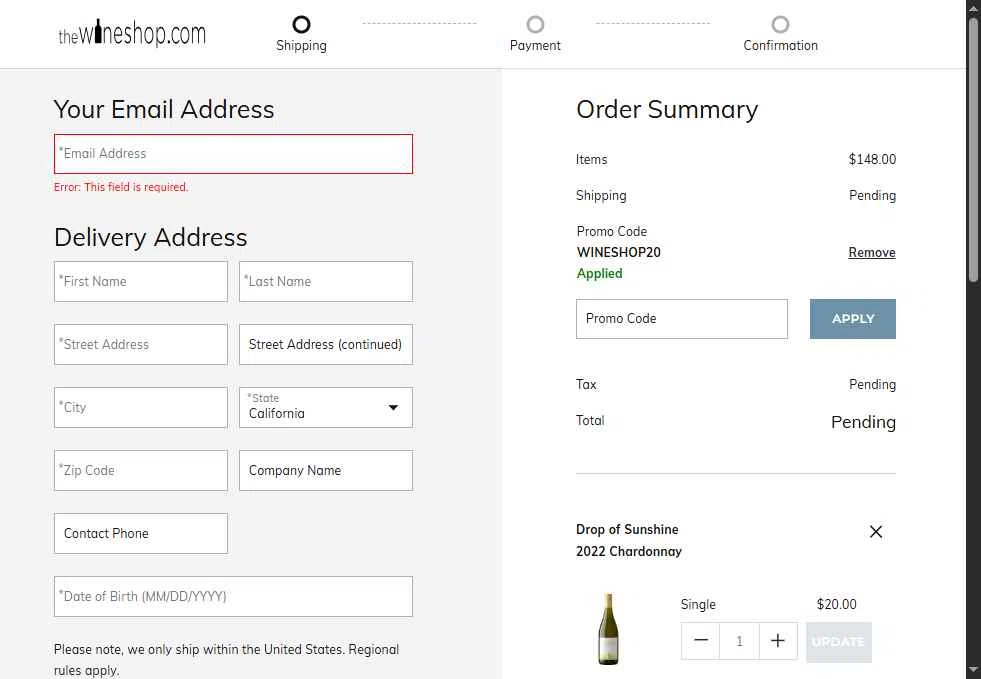 The Wine Shop checkout page showing The Wine Shop promo code box | Screenshot taken by SimplyCodes community member on Oct 6, 2025